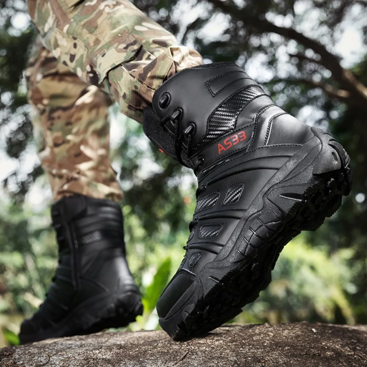 Men's Lightweight Tactical Combat Boots with Side Zipper & Slip-Resistant Sole