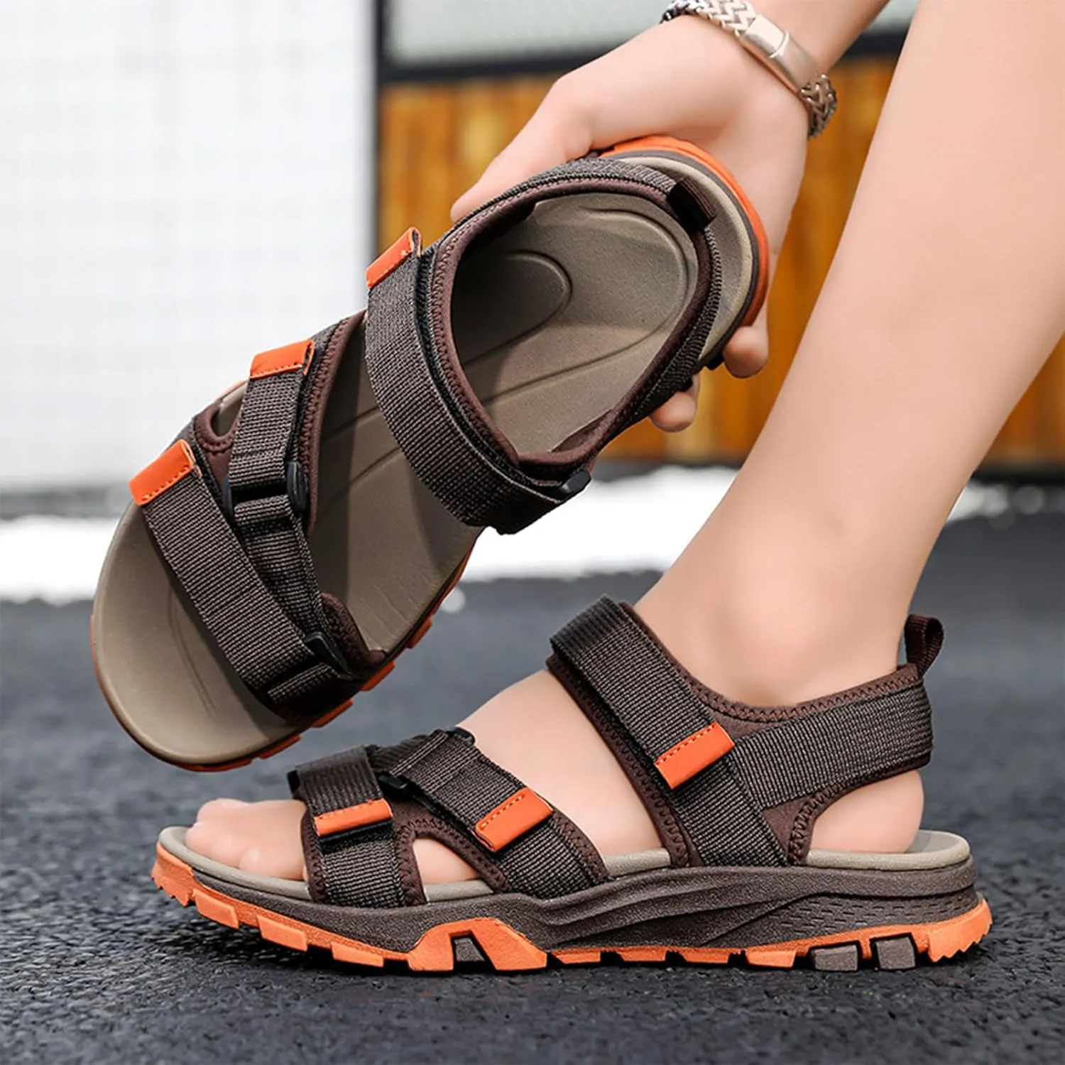 Men's Real Leather Open-Toe Sandals, Handmade Fashion Hiking Sandals, Hollow Out Backpacking Beach Shoes