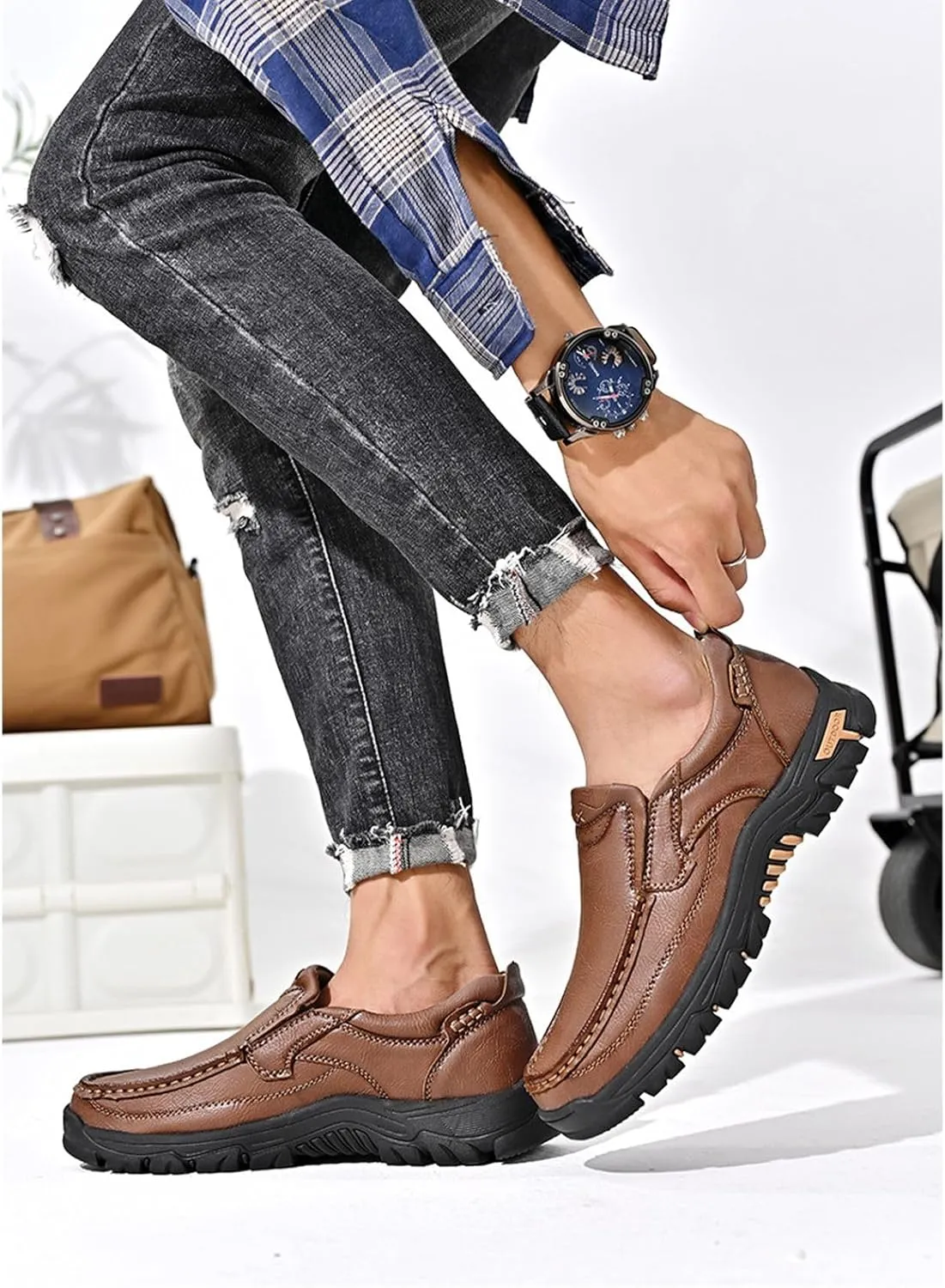 Men's Slip-On Leather Platform Walking Loafers Outdoor Lightweight Non-Slip Soft Sole Hiking Shoes Comfortable Work Office Moccasins Shoes