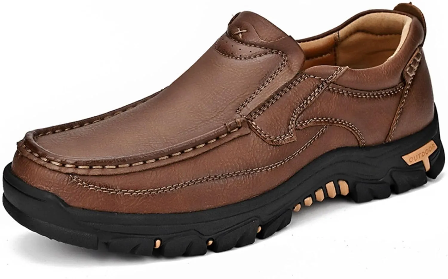 Men's Slip-On Leather Platform Walking Loafers Outdoor Lightweight Non-Slip Soft Sole Hiking Shoes Comfortable Work Office Moccasins Shoes