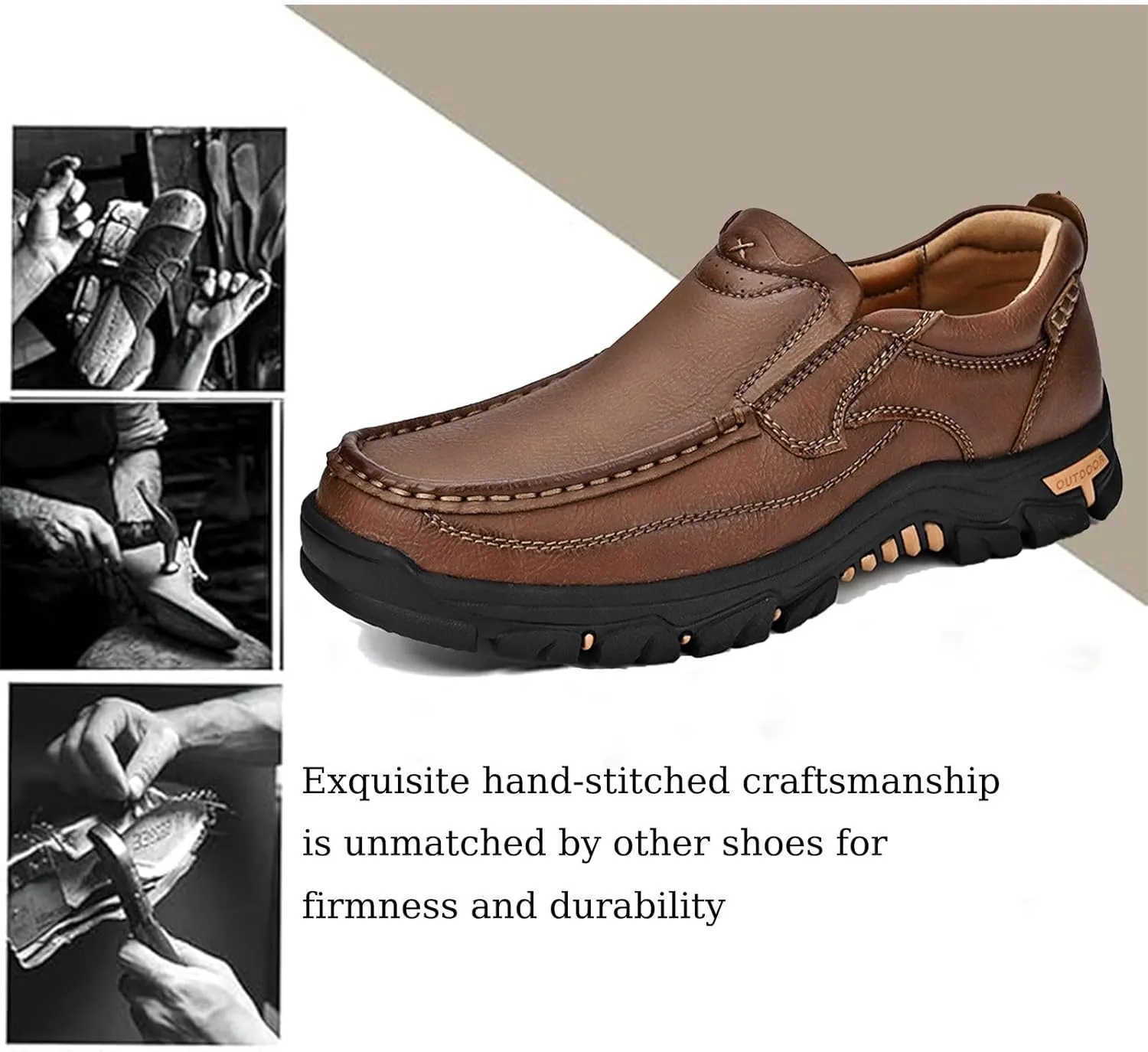 Men's Slip-On Leather Platform Walking Loafers Outdoor Lightweight Non-Slip Soft Sole Hiking Shoes Comfortable Work Office Moccasins Shoes