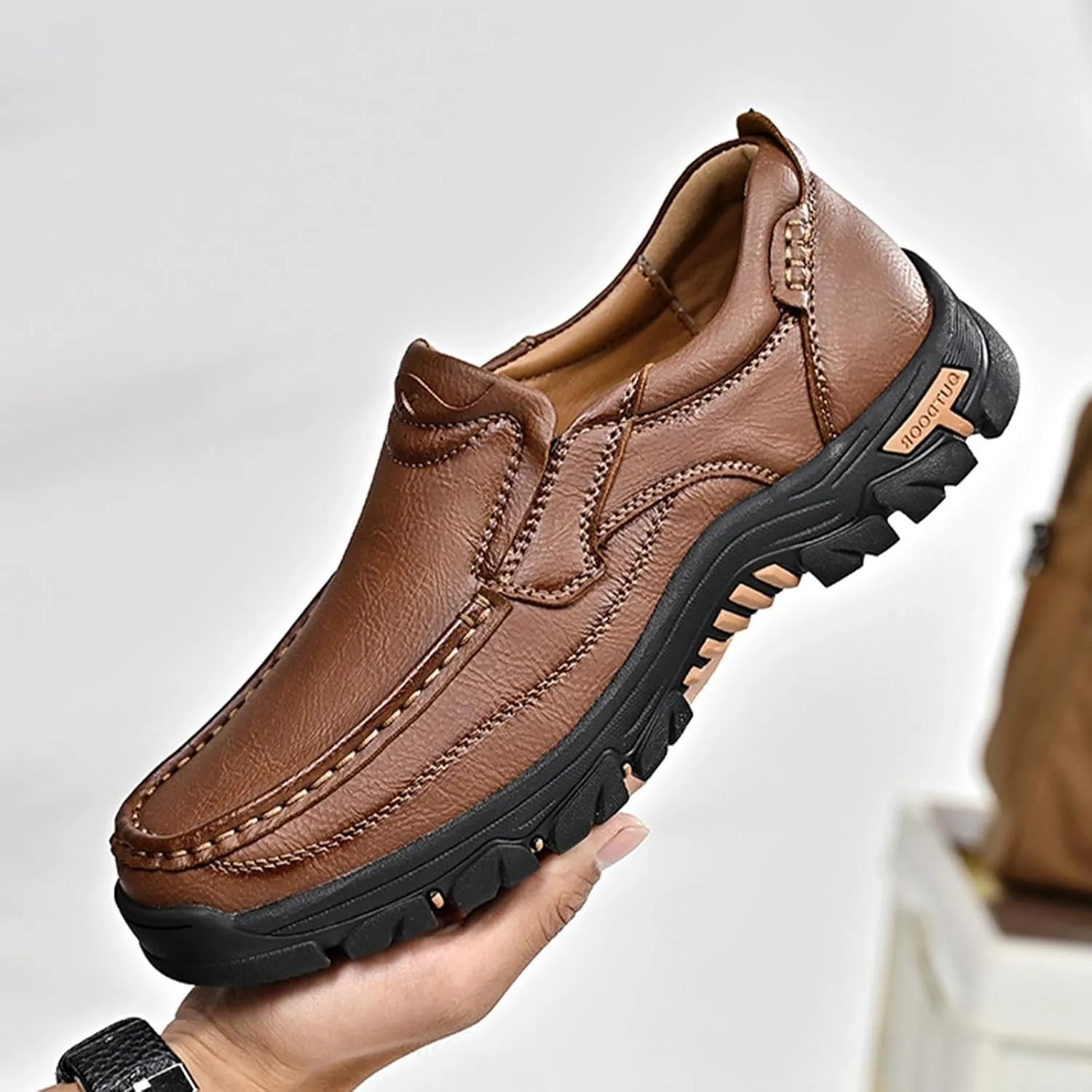 Men's Slip-On Leather Platform Walking Loafers Outdoor Lightweight Non-Slip Soft Sole Hiking Shoes Comfortable Work Office Moccasins Shoes