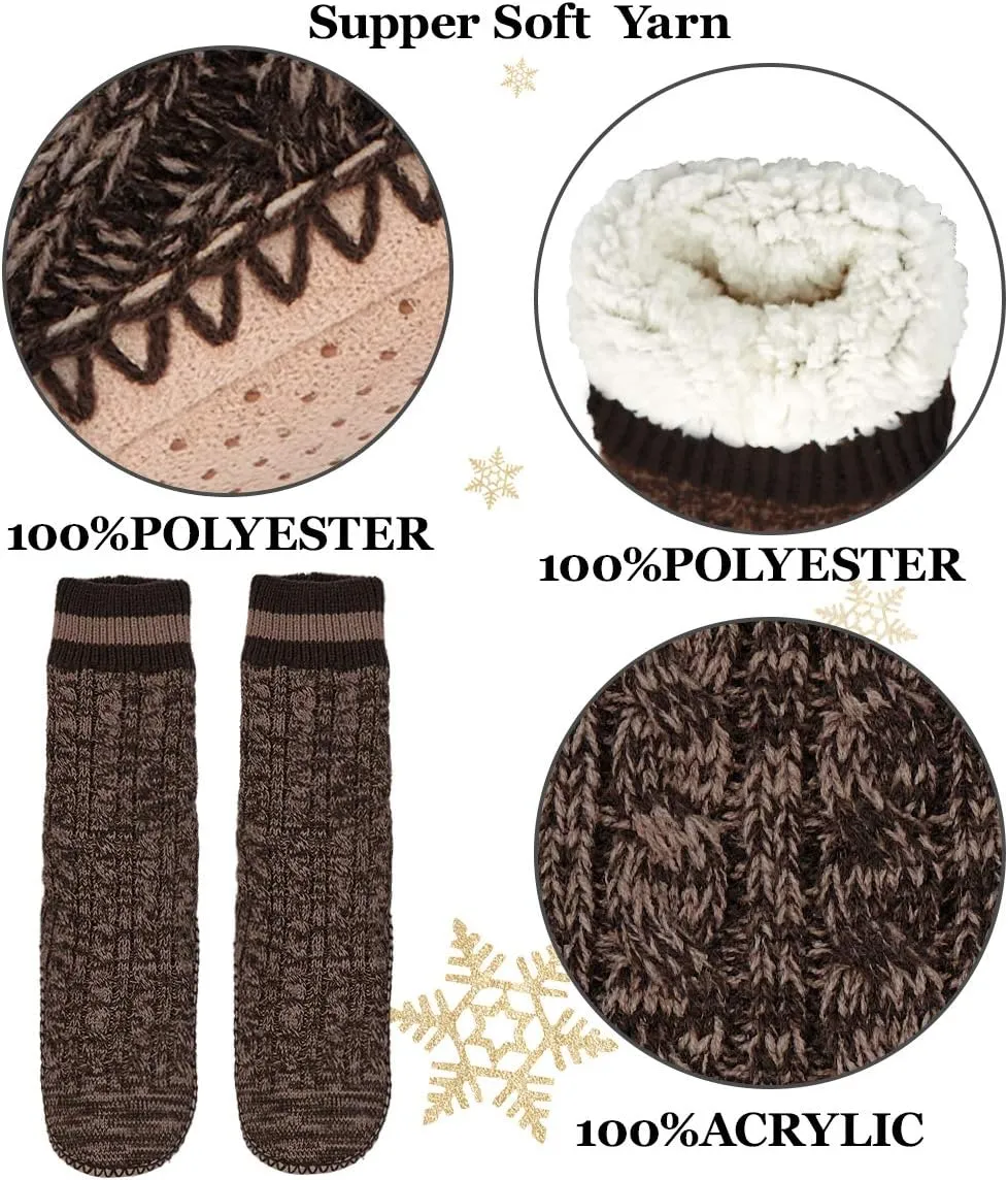 Men's Slipper Socks, Winter Cable Knit Non-Skid Warm Slipper Socks, Cozy Soft Indoor Socks with Fluffy Sherpa Lined