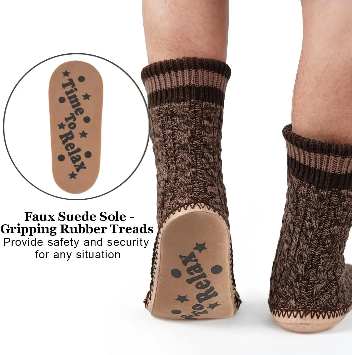 Men's Slipper Socks, Winter Cable Knit Non-Skid Warm Slipper Socks, Cozy Soft Indoor Socks with Fluffy Sherpa Lined