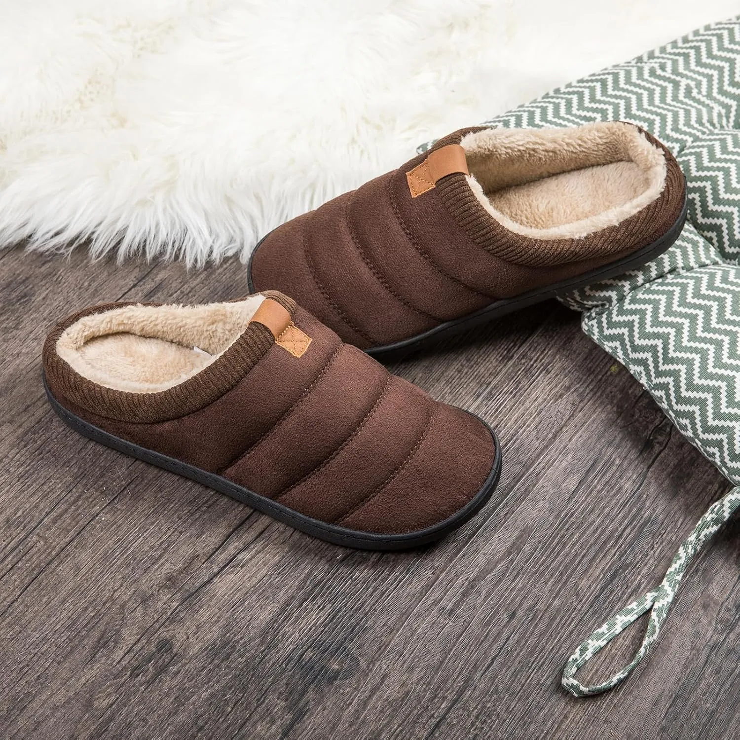 Men's Warm Memory Foam Slippers Suede Plush Shearling Lined Slip on Indoor Outdoor Clog House Shoes