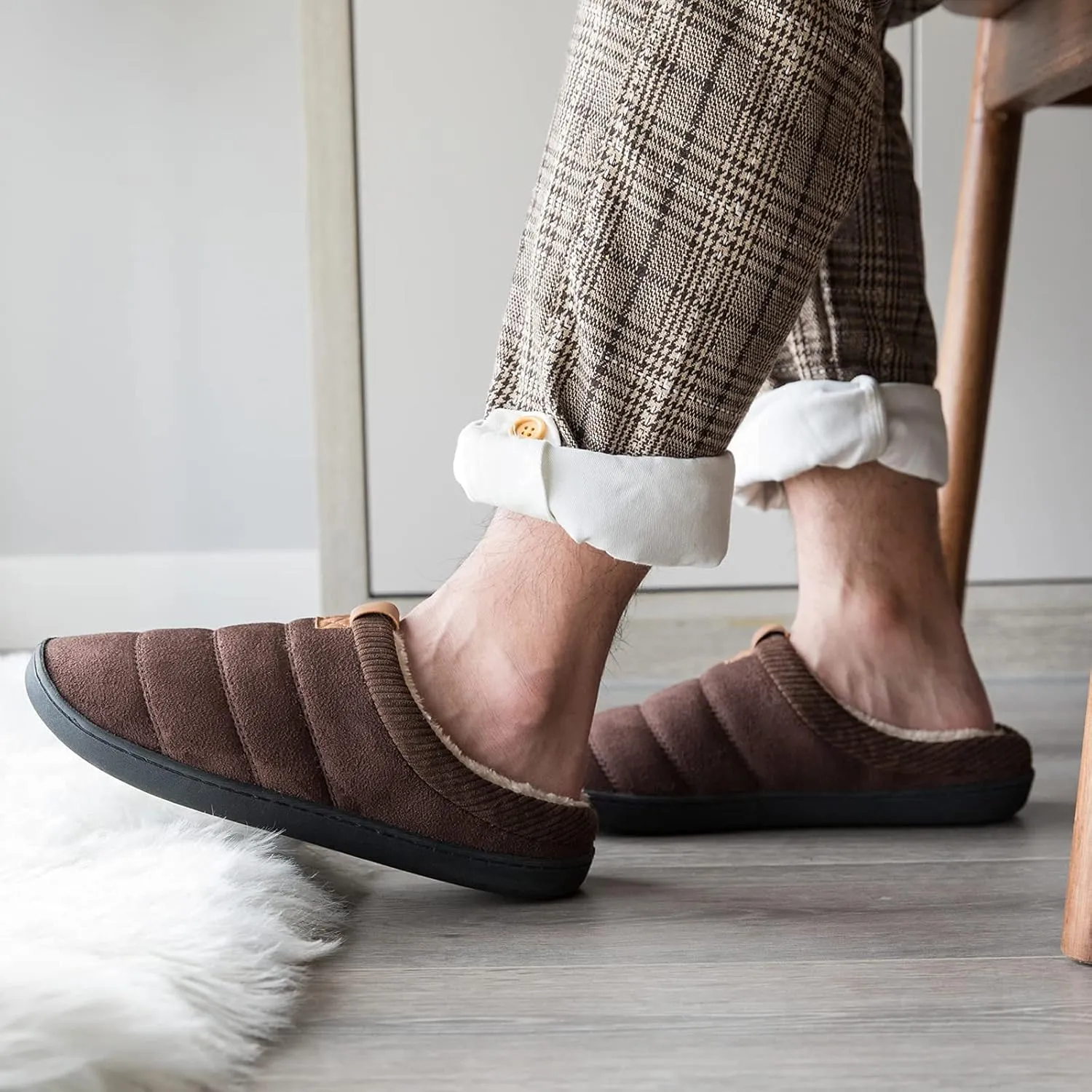 Men's Warm Memory Foam Slippers Suede Plush Shearling Lined Slip on Indoor Outdoor Clog House Shoes