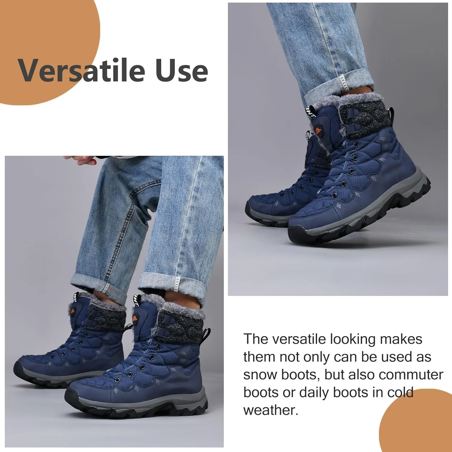Men's Winter Snow Boots Water Resistant Non Slip Warm Outdoor Lightweight Comfortable Durable 7.1 IN Height Hiking Shoes