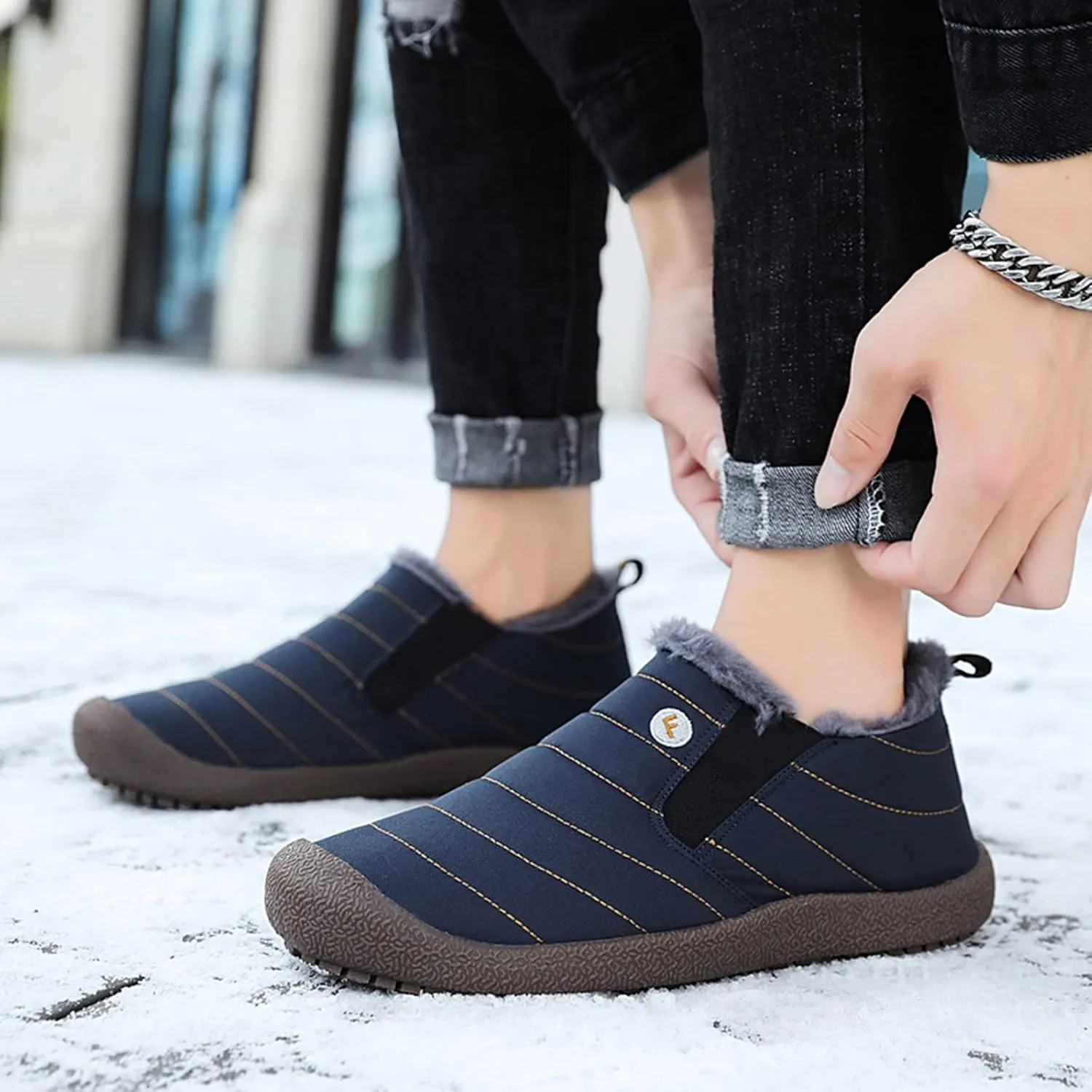 Men's Womens Waterproof Warm Plush Lined Outdoor Snow Ankle Boots Anti Slip Slip On Lightweight Winter Loafers Shoes