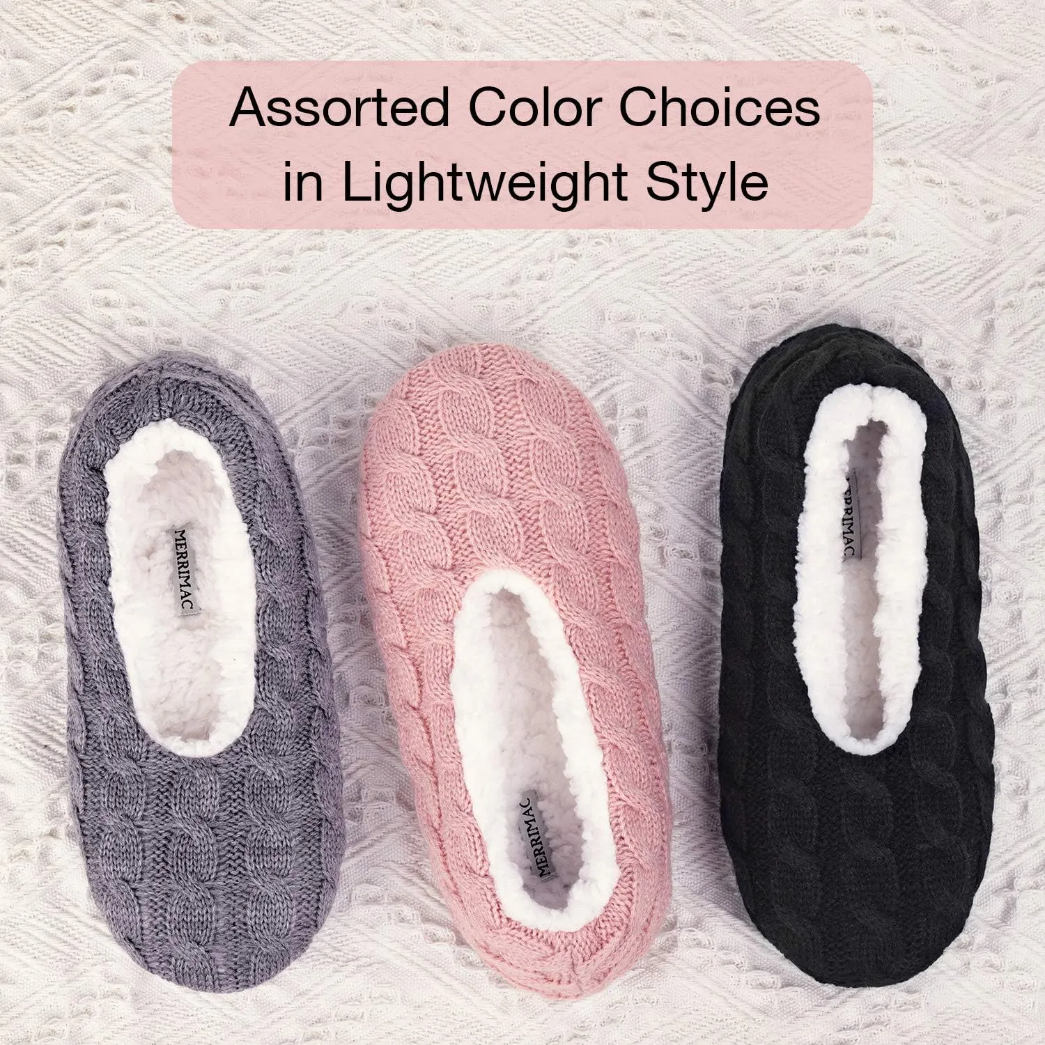 MERRIMAC Women's Fuzzy Cable Knit Slipper Socks with Grippers