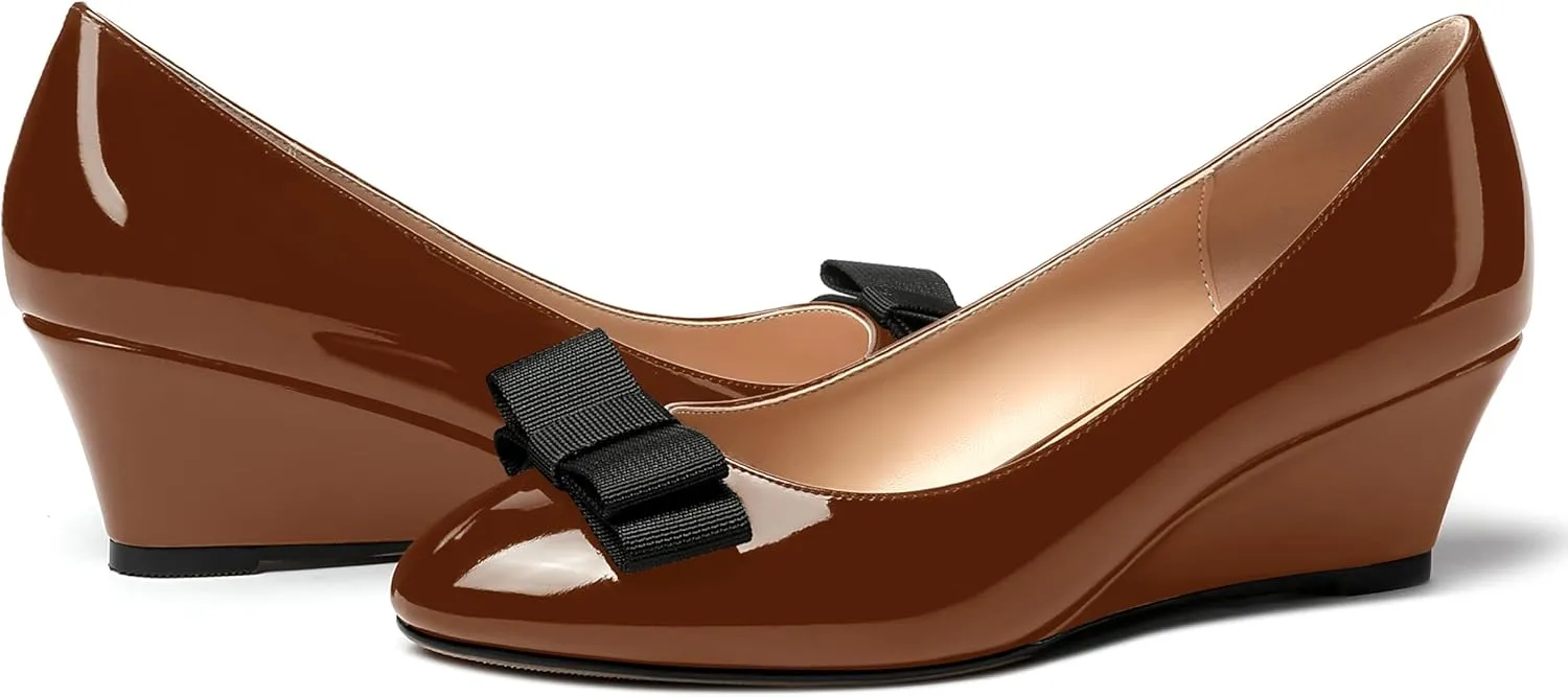 MERRORI Women's Round Toe Patent Slip On Dress Shoes Bow Wedge Low Heel Pumps Shoes 2 Inch
