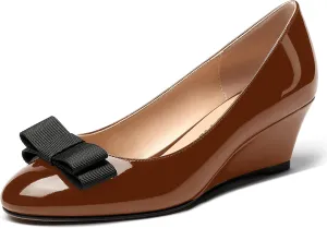 MERRORI Women's Round Toe Patent Slip On Dress Shoes Bow Wedge Low Heel Pumps Shoes 2 Inch