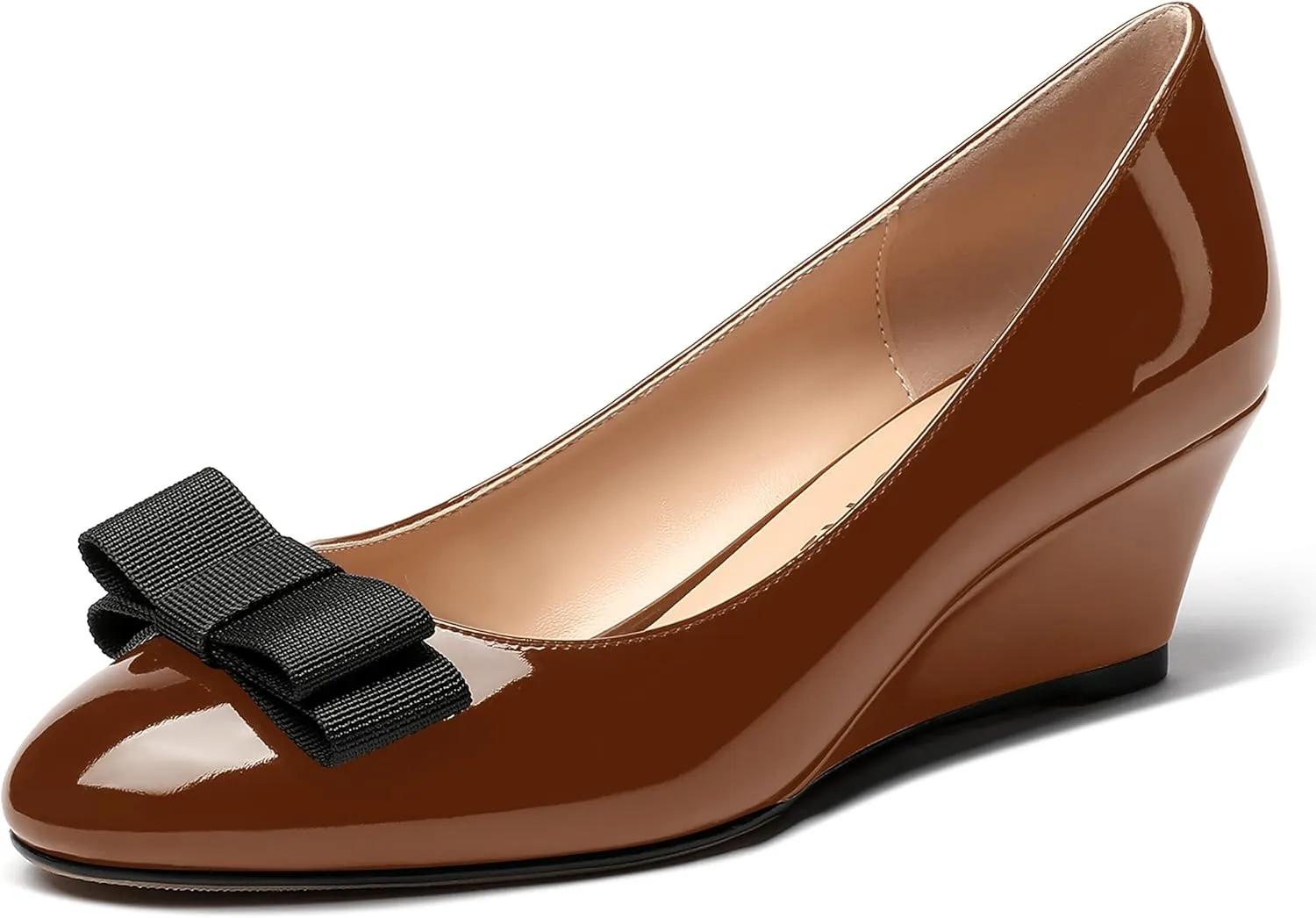 MERRORI Women's Round Toe Patent Slip On Dress Shoes Bow Wedge Low Heel Pumps Shoes 2 Inch