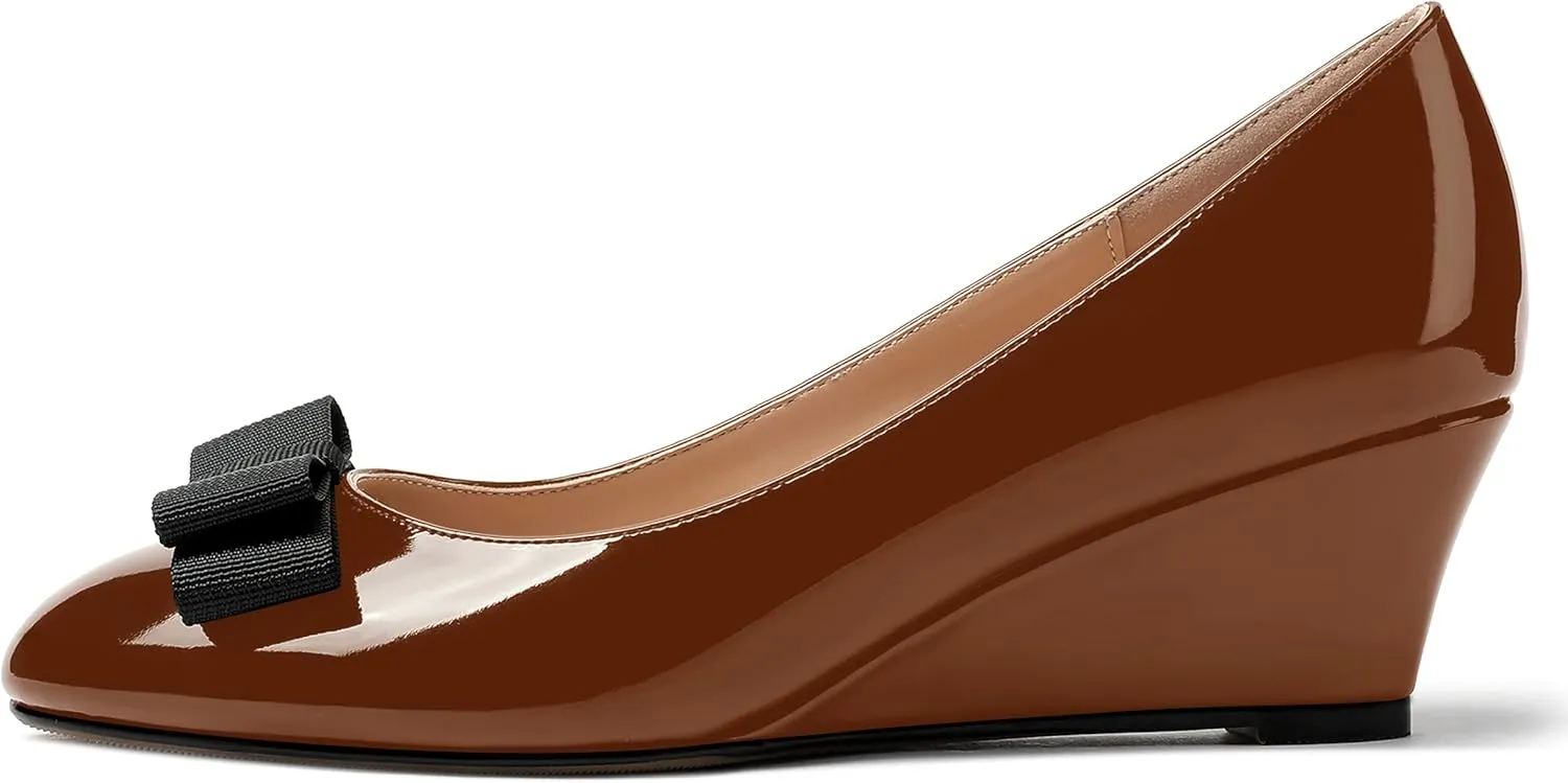 MERRORI Women's Round Toe Patent Slip On Dress Shoes Bow Wedge Low Heel Pumps Shoes 2 Inch