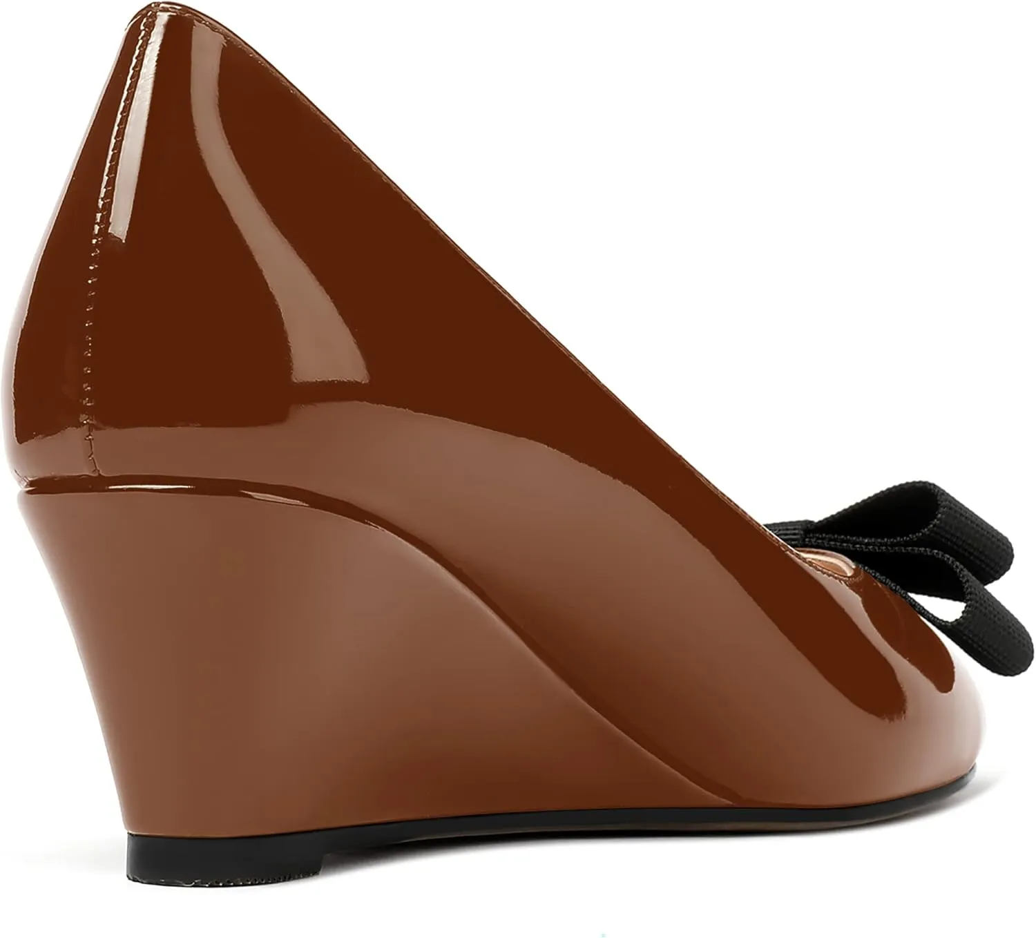 MERRORI Women's Round Toe Patent Slip On Dress Shoes Bow Wedge Low Heel Pumps Shoes 2 Inch