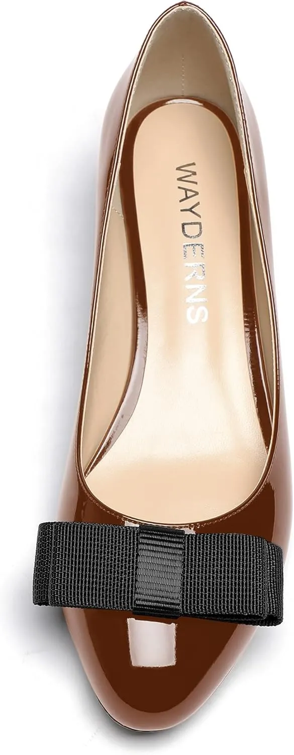 MERRORI Women's Round Toe Patent Slip On Dress Shoes Bow Wedge Low Heel Pumps Shoes 2 Inch