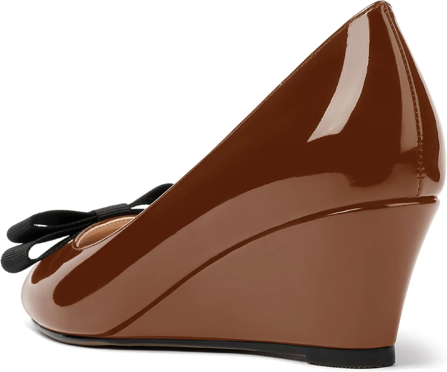 MERRORI Women's Round Toe Patent Slip On Dress Shoes Bow Wedge Low Heel Pumps Shoes 2 Inch