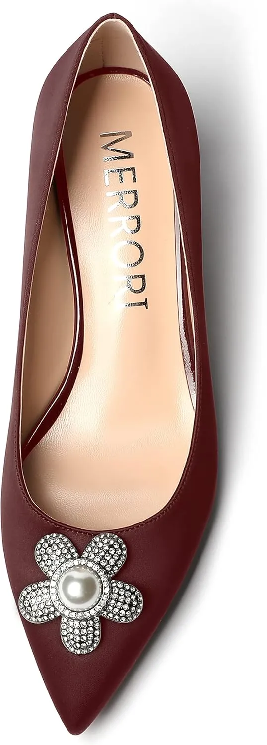 MERRORI Womens Simple Casual Slip On Solid Satin Pointed Toe Chunky Low Heel Pumps Shoes 1.5 Inch