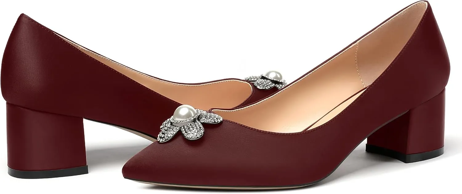 MERRORI Womens Simple Casual Slip On Solid Satin Pointed Toe Chunky Low Heel Pumps Shoes 1.5 Inch