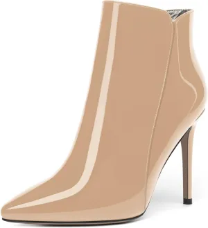 MERRORI Womens Zip Pointed Toe Solid Casual Dating Patent Stiletto High Heel Ankle High Boots 4 Inch