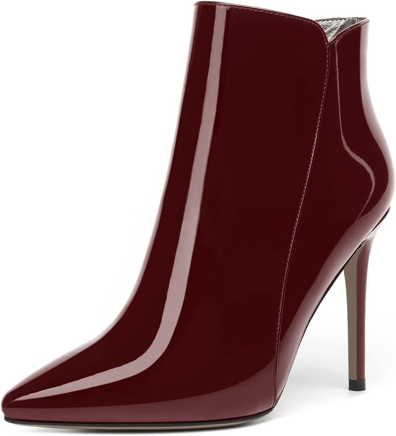 MERRORI Womens Zip Pointed Toe Solid Casual Dating Patent Stiletto High Heel Ankle High Boots 4 Inch
