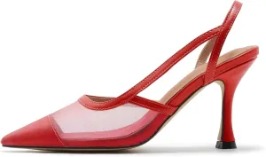 Mesh Slingback Pumps for Women, Pointed Toe Backless High Heels Casual Stiletto Heel Sandals Slip On Party Dress Shoes
