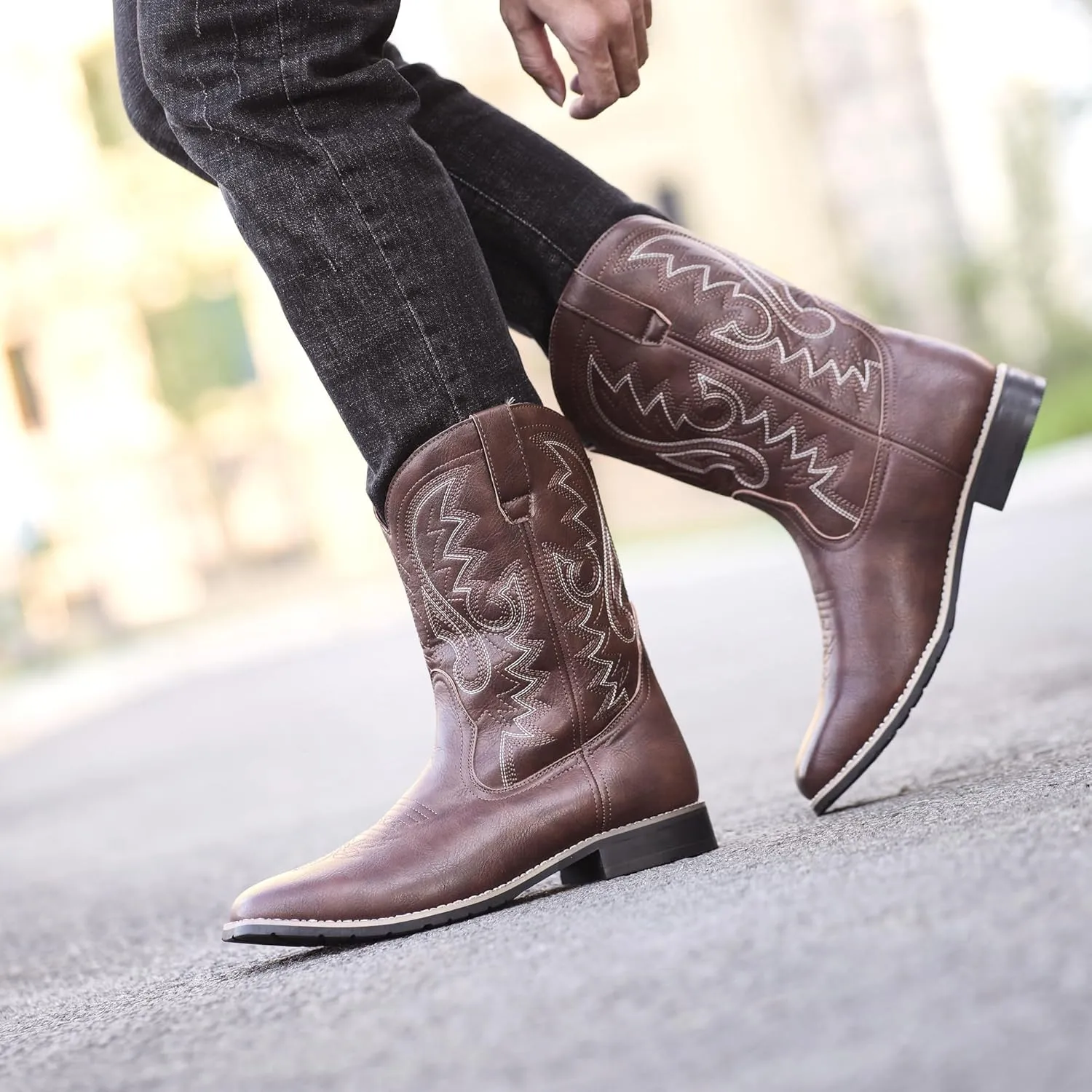 Metrocharm Men's Cowboy Western-02 Embroidered Square Toe Mid-Calf Boots