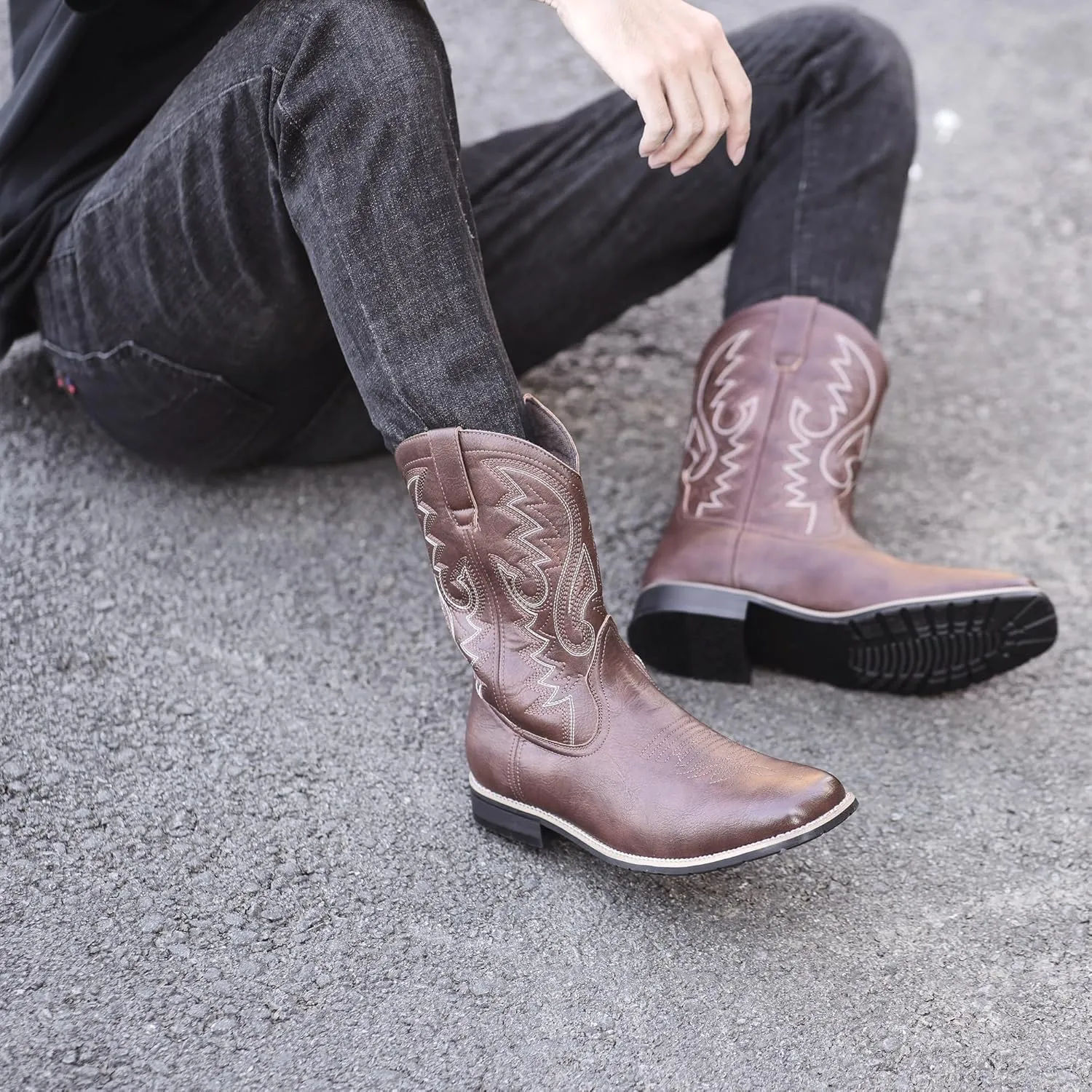 Metrocharm Men's Cowboy Western-02 Embroidered Square Toe Mid-Calf Boots