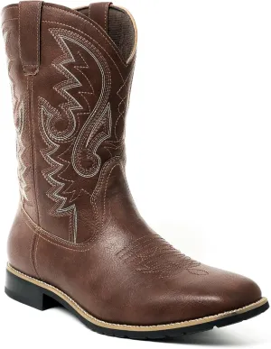 Metrocharm Men's Cowboy Western-02 Embroidered Square Toe Mid-Calf Boots