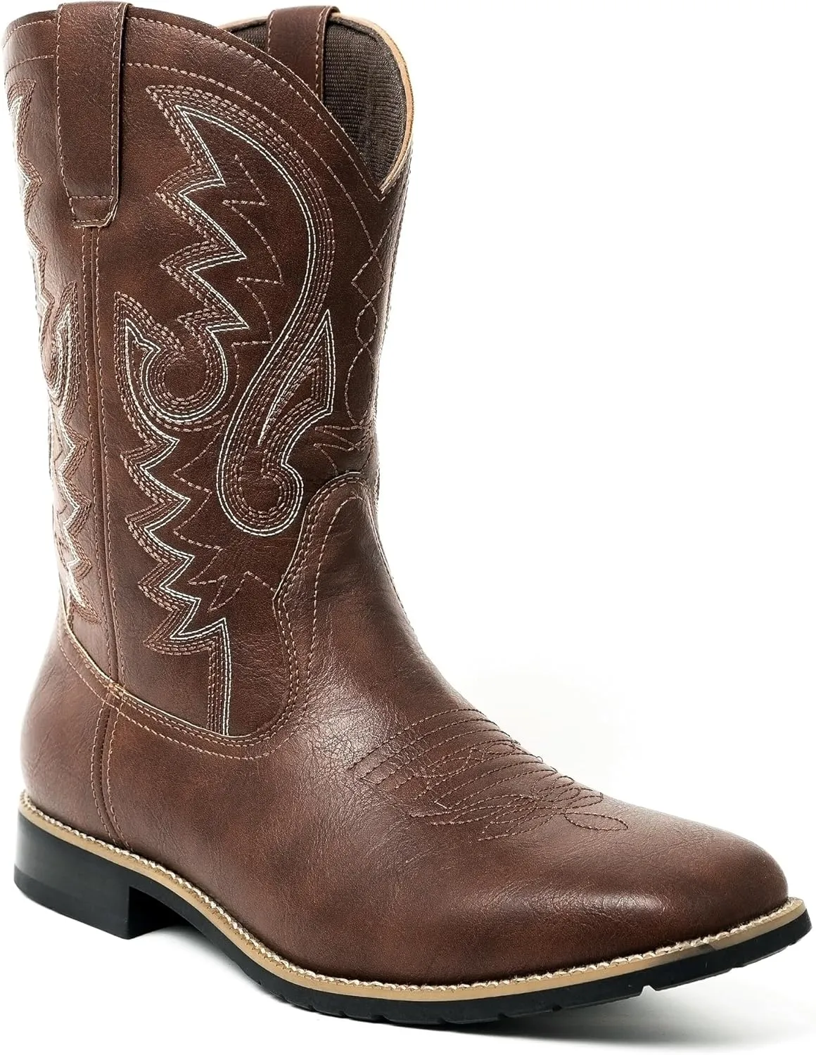 Metrocharm Men's Cowboy Western-02 Embroidered Square Toe Mid-Calf Boots