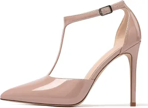 Mettesally Women's High Heels Pointed Toe T-Strap Pumps Ankle Strap Stilettos Mary Jane D'Orsay Sexy Wedding Party Sandals Shoes