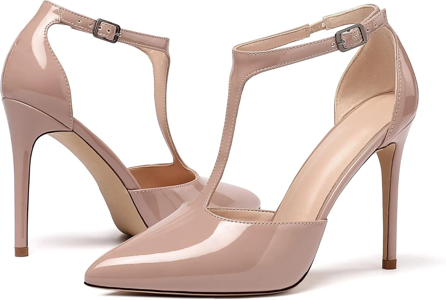 Mettesally Women's High Heels Pointed Toe T-Strap Pumps Ankle Strap Stilettos Mary Jane D'Orsay Sexy Wedding Party Sandals Shoes