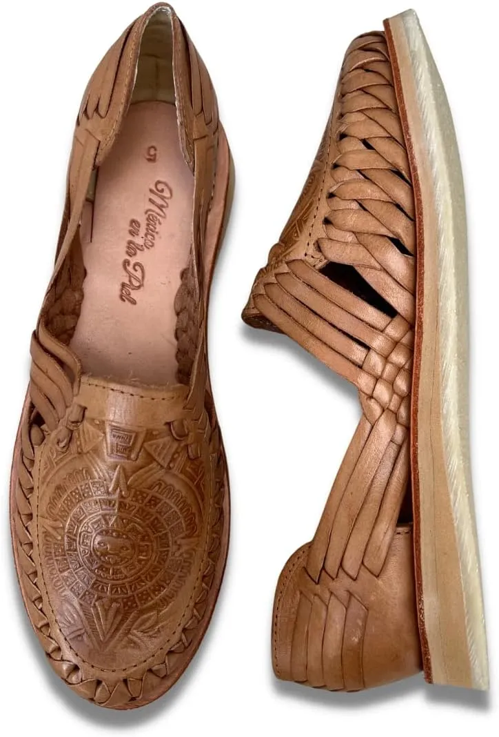 Mexico en la Piel Leather Huarache Sandals for Woman. Aztec Calendar Desing