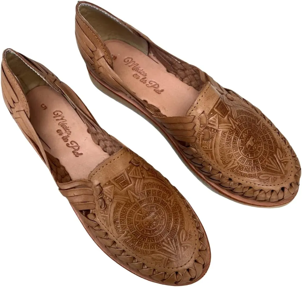 Mexico en la Piel Leather Huarache Sandals for Woman. Aztec Calendar Desing