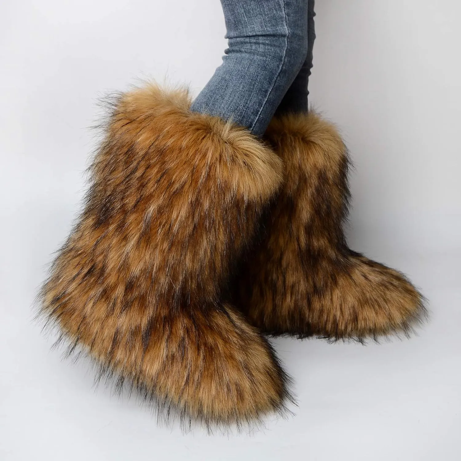 MH Bailment Women's Faux Fur Boots Winter Mid-Calf Snow Boots Fuzzy Fluffy Furry Fashion Short Snow Boots