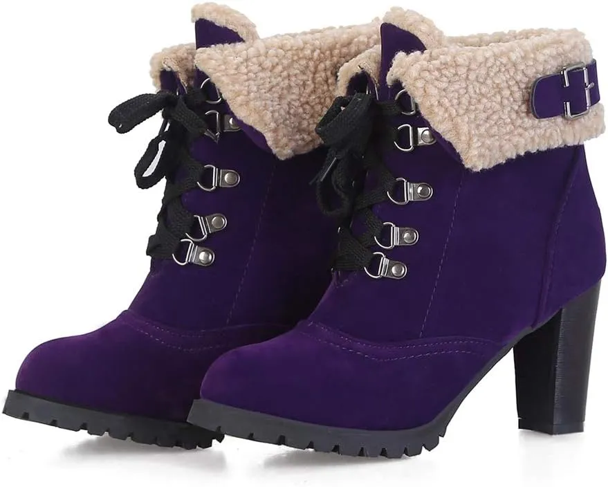 MIOKE Women's Winter Fur Ankle Boots Lace Up Round Toe Cuff Chunky Block High Heel Warm Dressy Short Booties