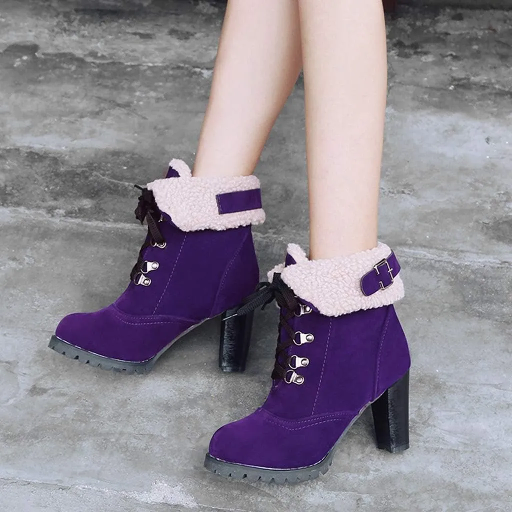 MIOKE Women's Winter Fur Ankle Boots Lace Up Round Toe Cuff Chunky Block High Heel Warm Dressy Short Booties
