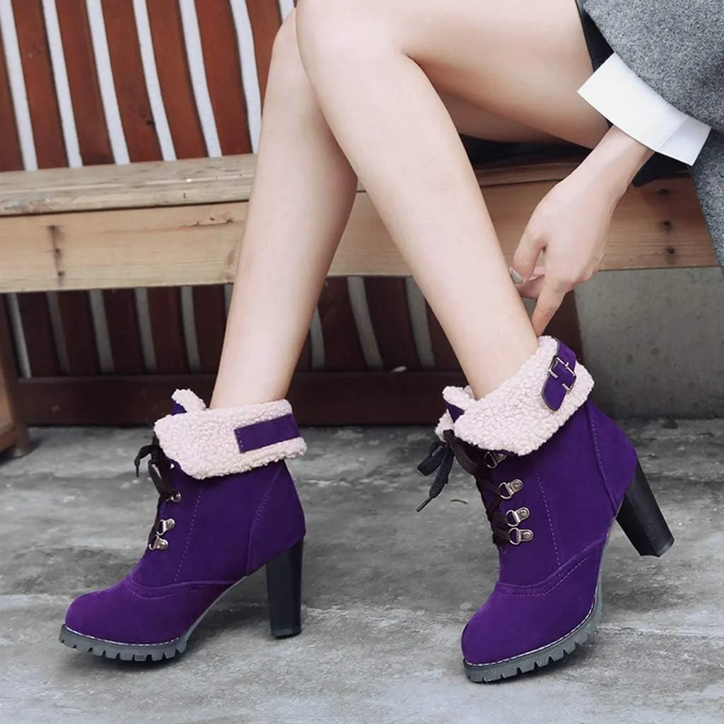 MIOKE Women's Winter Fur Ankle Boots Lace Up Round Toe Cuff Chunky Block High Heel Warm Dressy Short Booties
