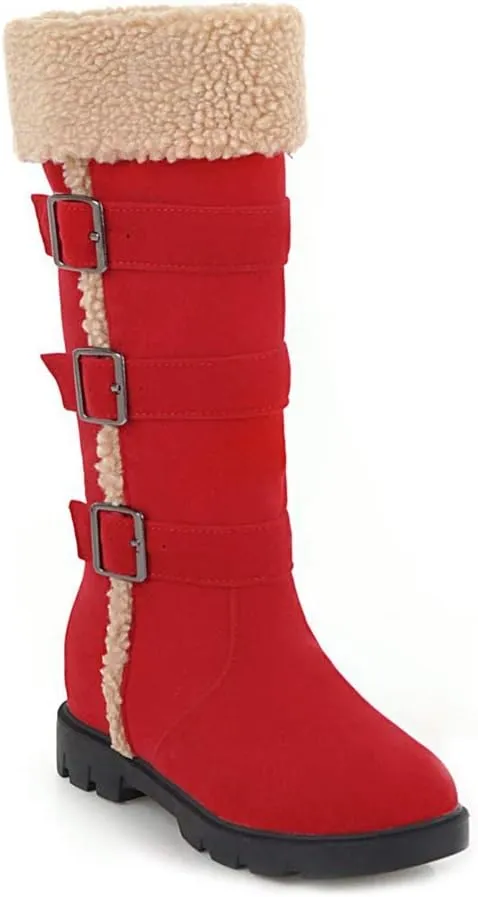 MIOKE Women's Winter Fur Mid Calf Snow Boots Waterproof Suede Buckle Quilted Slip On Wide Warm Snow Boot