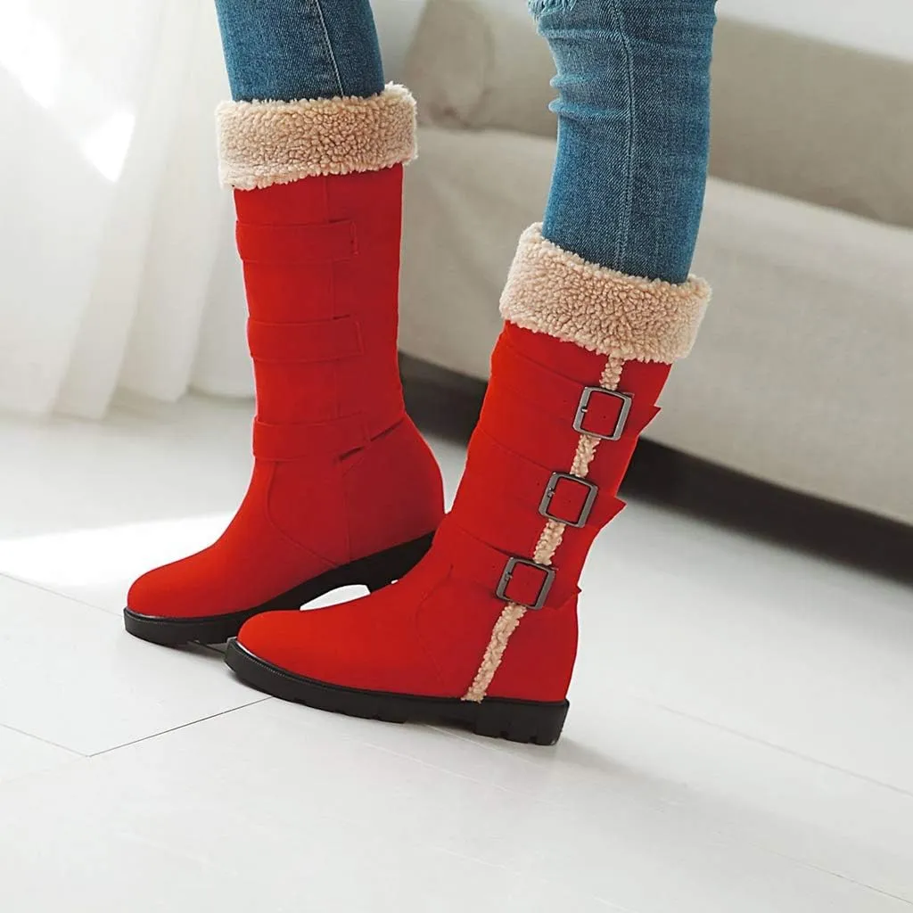 MIOKE Women's Winter Fur Mid Calf Snow Boots Waterproof Suede Buckle Quilted Slip On Wide Warm Snow Boot