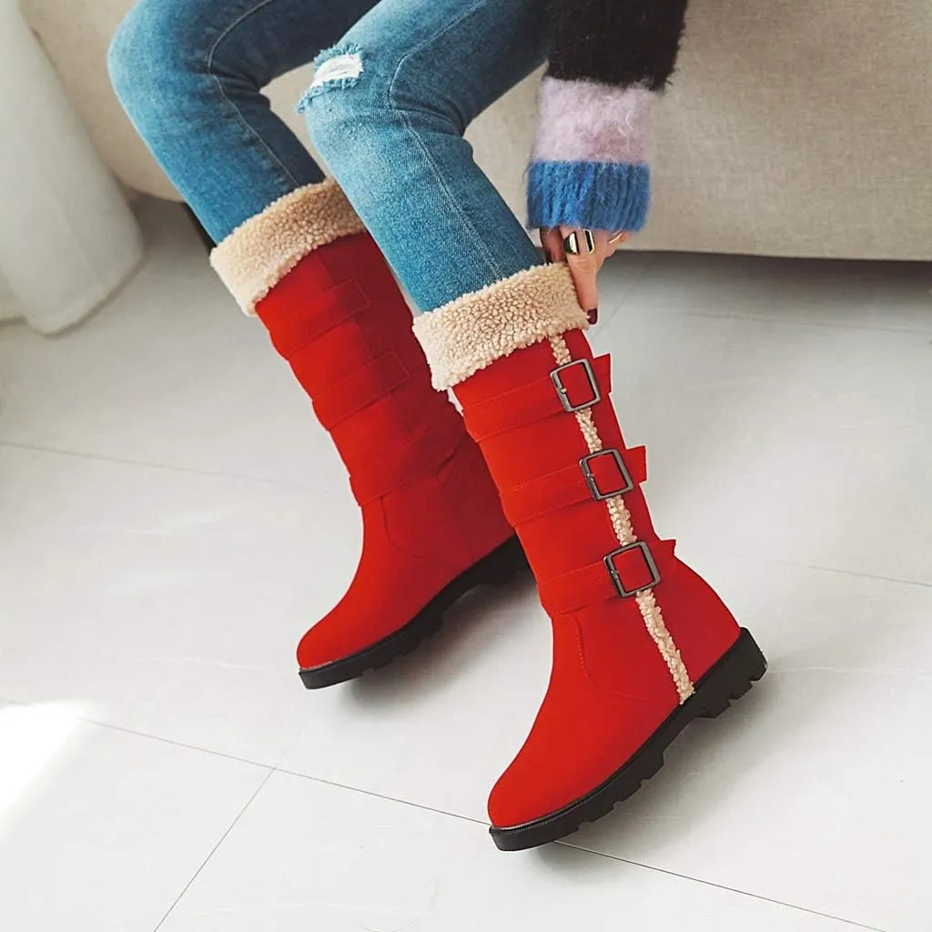 MIOKE Women's Winter Fur Mid Calf Snow Boots Waterproof Suede Buckle Quilted Slip On Wide Warm Snow Boot