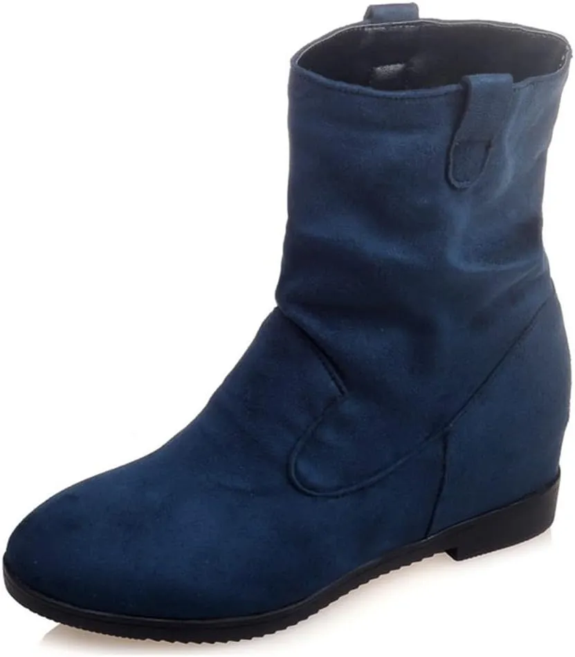 MIOKE Women's Winter Mid Calf Slouch Boots Round Toe Metallic Low Wedge Heel Fur Warm Wide Calf Dressy Boots
