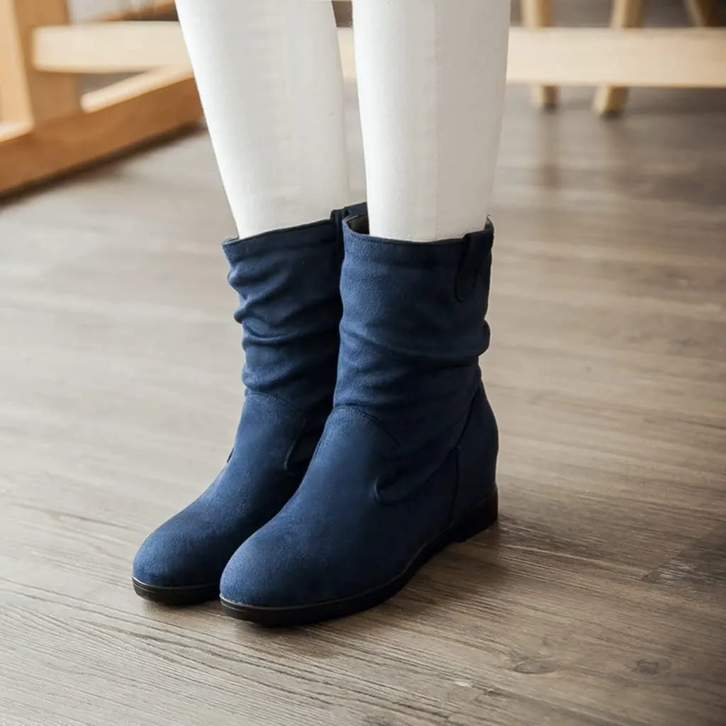 MIOKE Women's Winter Mid Calf Slouch Boots Round Toe Metallic Low Wedge Heel Fur Warm Wide Calf Dressy Boots