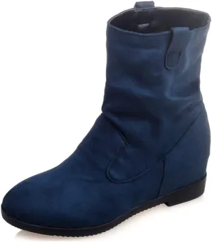 MIOKE Women's Winter Mid Calf Slouch Boots Round Toe Metallic Low Wedge Heel Fur Warm Wide Calf Dressy Boots