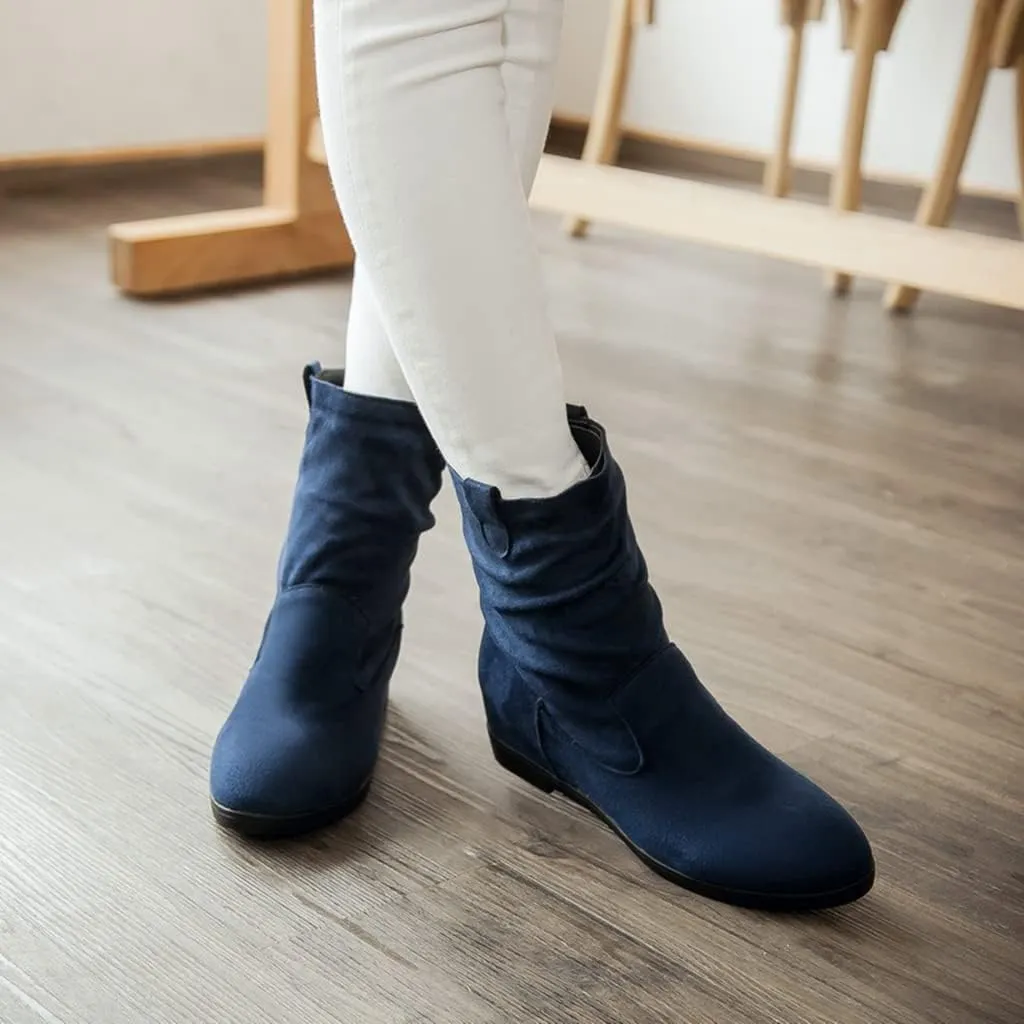 MIOKE Women's Winter Mid Calf Slouch Boots Round Toe Metallic Low Wedge Heel Fur Warm Wide Calf Dressy Boots