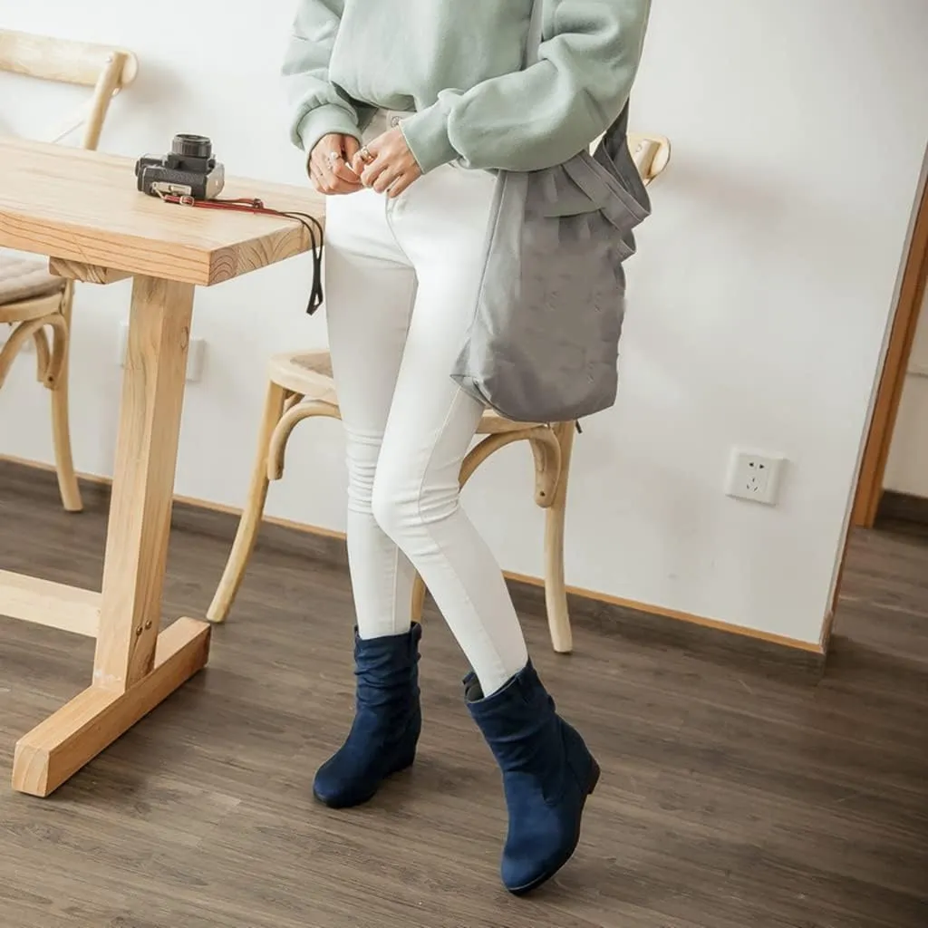 MIOKE Women's Winter Mid Calf Slouch Boots Round Toe Metallic Low Wedge Heel Fur Warm Wide Calf Dressy Boots