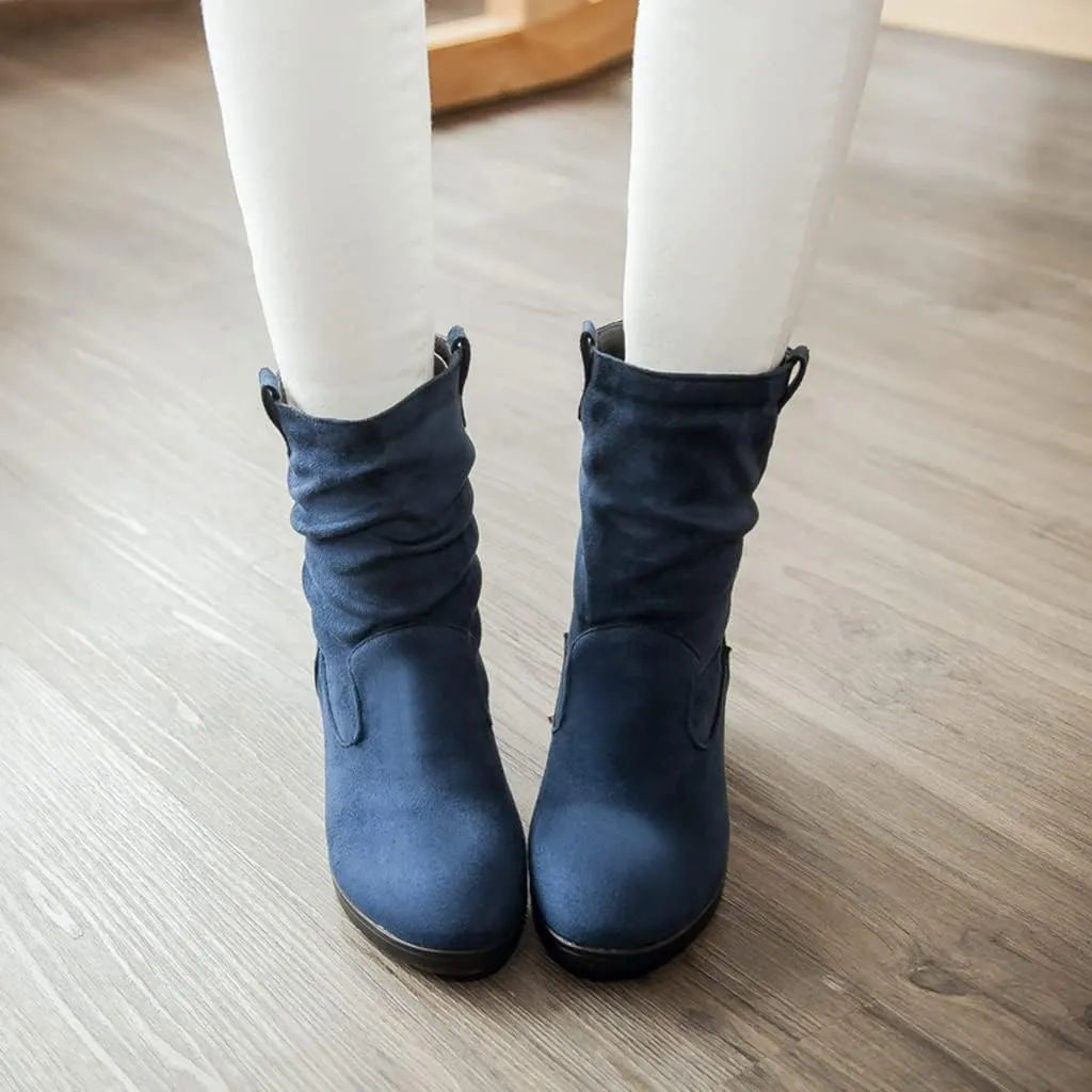 MIOKE Women's Winter Mid Calf Slouch Boots Round Toe Metallic Low Wedge Heel Fur Warm Wide Calf Dressy Boots