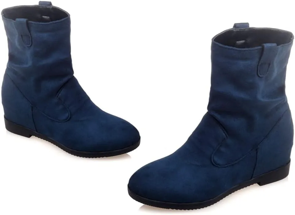 MIOKE Women's Winter Mid Calf Slouch Boots Round Toe Metallic Low Wedge Heel Fur Warm Wide Calf Dressy Boots