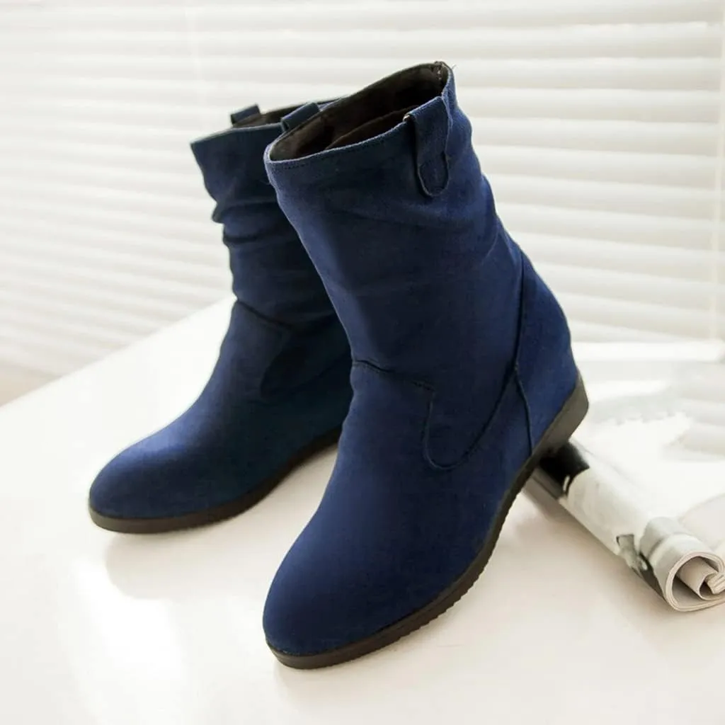 MIOKE Women's Winter Mid Calf Slouch Boots Round Toe Metallic Low Wedge Heel Fur Warm Wide Calf Dressy Boots