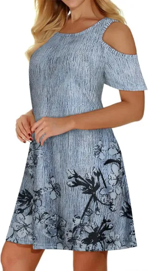 Misyula Style Womens Summer Cold Shoulder Floral Flowy T-Shirt Dress with Pockets
