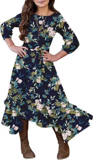 MITILLY Girls Loose Plain 3/4 Sleeve Casual Pocket Ruffle Swing Long Maxi Dress with Belt